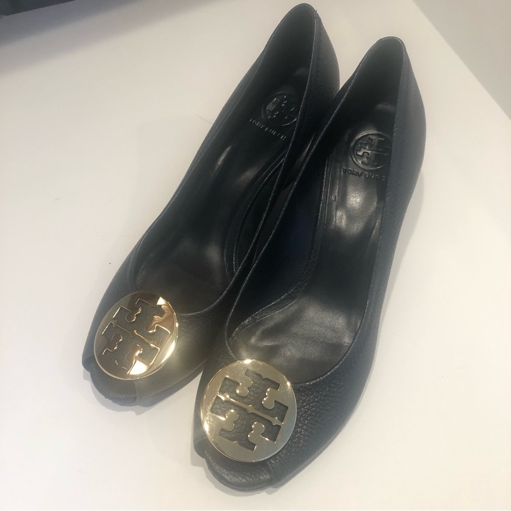 Tory Burch Navy Peep-Toe Wedge